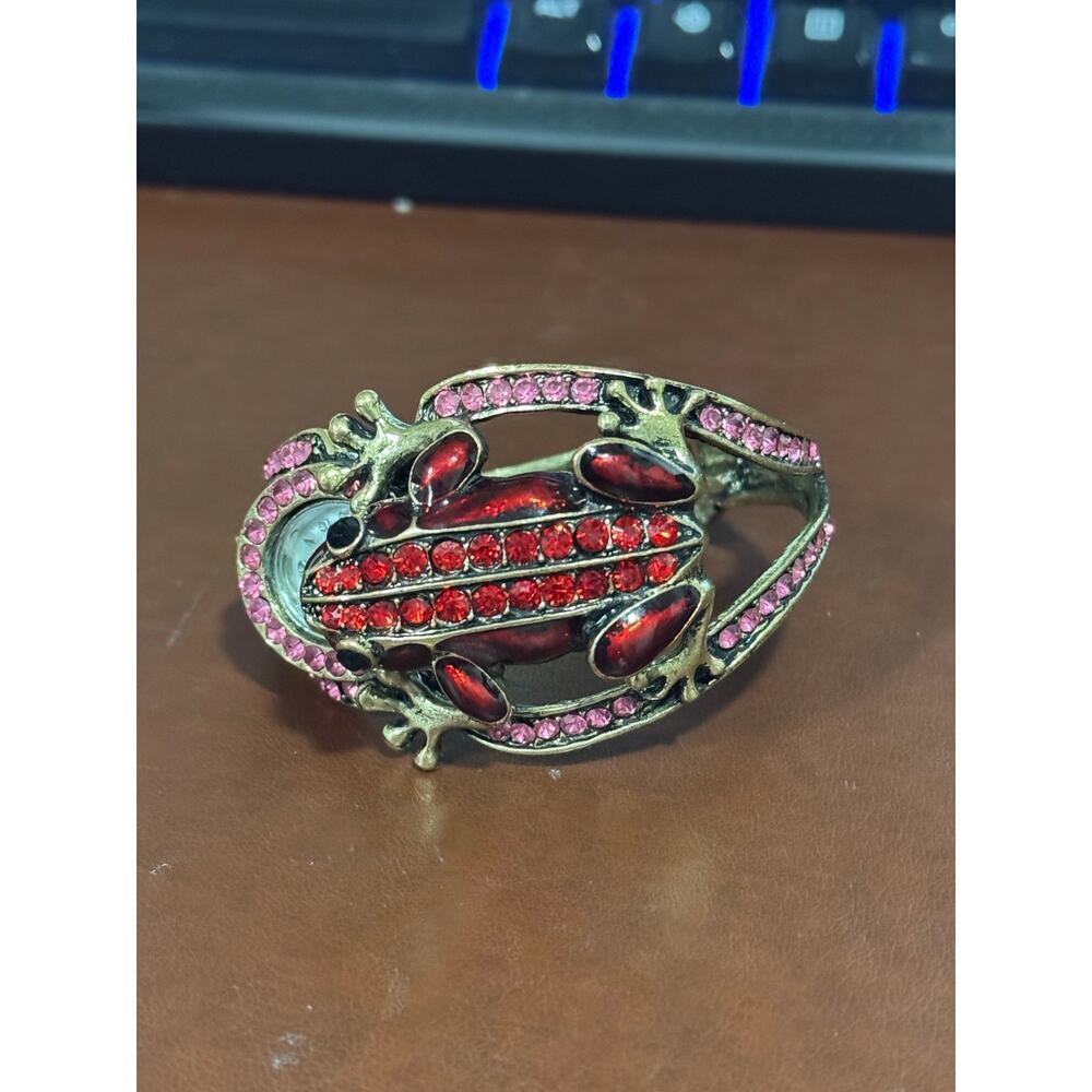 Strada rhinestone covered frog watch bracelet artsy quirky statement piece